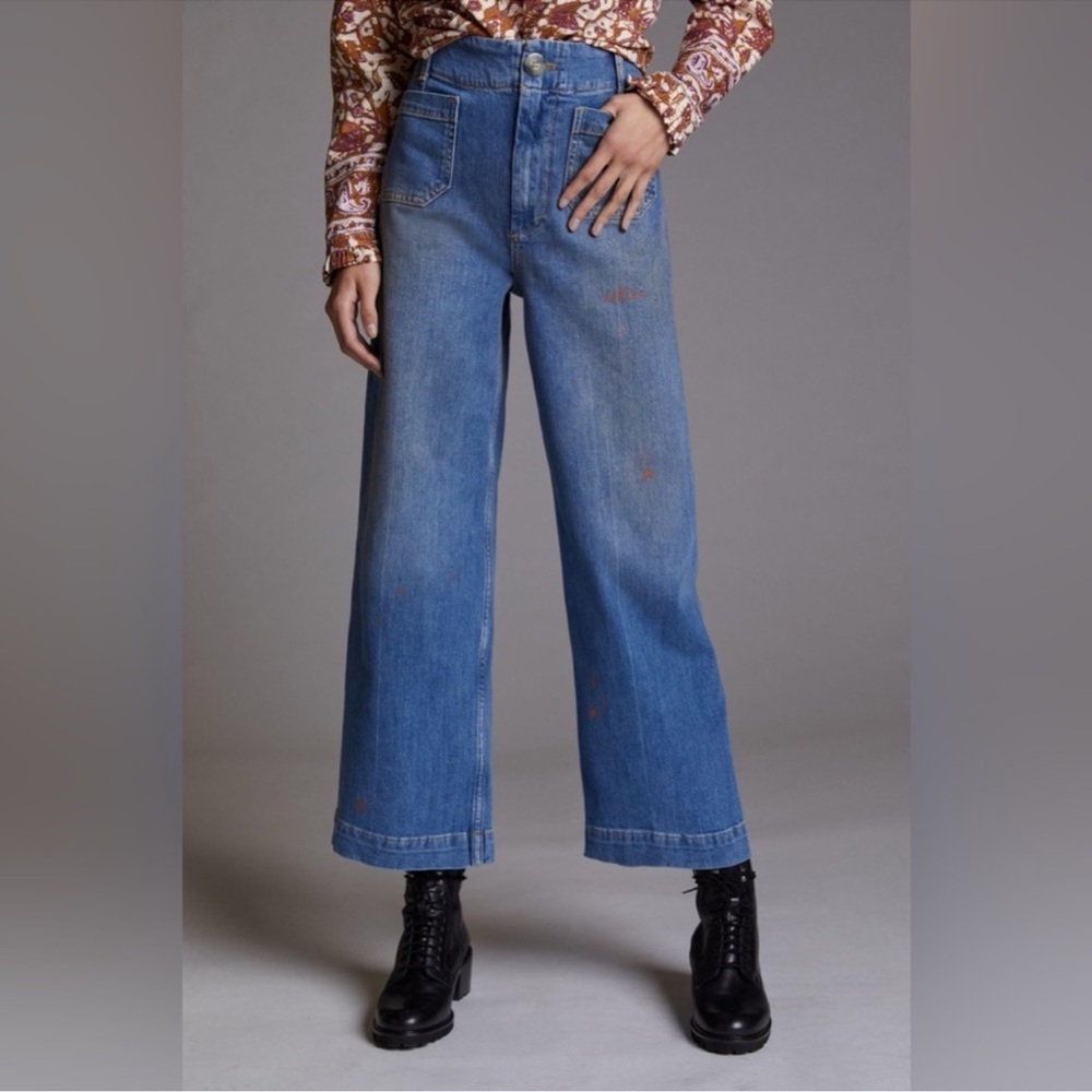 Anthropologie Pilcro The Day Tripper Wide Leg Denim Paint Splatter Jeans Size 26